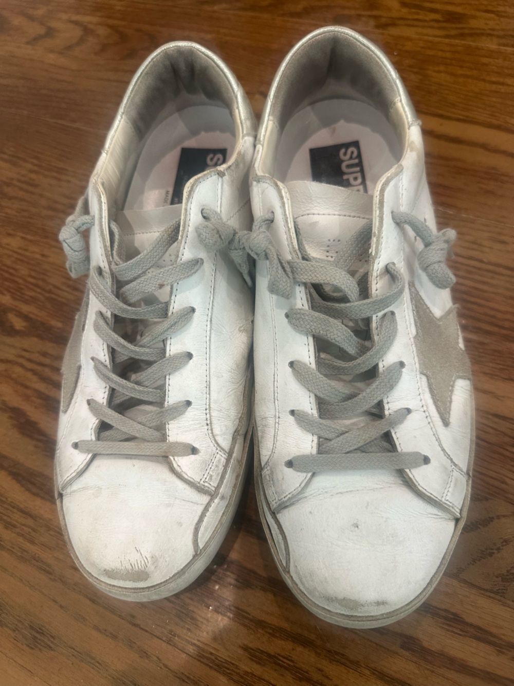 Golden Goose White Leather Sneakers with Gray Star and Laces